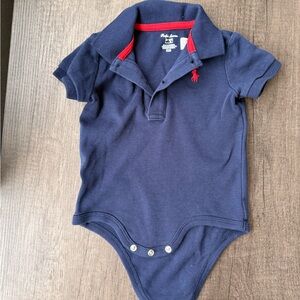 Ralph Lauren Navy Baby Polo Onesie with Red Trim